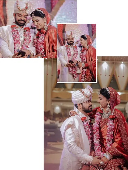 A collage of sweet moments between the bride and groom during their wedding ceremony. These shots capture their loving interactions and the happiness of finally being married.