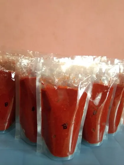 Freshly packed Goan curry pastes. These pouches contain my homemade red curry paste, likely Racheado or Balchao, ready to be used for a quick and authentic Goan meal.