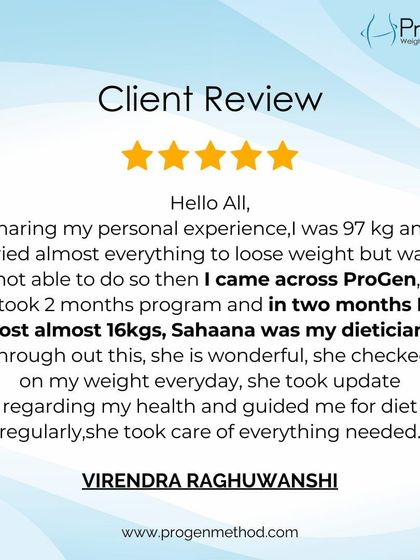 Client Virendra Raghuvanshi shares his experience: "I lost almost 16 kgs...Sahaana was my dietician...she is wonderful, she checked on my weight everyday."