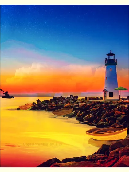 A digital painting of a serene coastal scene with a lighthouse at sunset. I used Procreate to create the vibrant colors of the sky and the calm, reflective water.