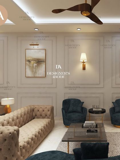 Another angle of the South Delhi villa living room, highlighting the wainscoting and curated artwork. The combination of classic wall treatments and modern furniture is a signature of our design style.