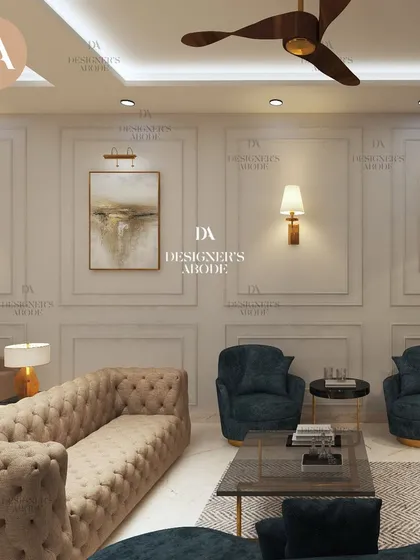 Another angle of the South Delhi villa living room, highlighting the wainscoting and curated artwork. The combination of classic wall treatments and modern furniture is a signature of our design style.