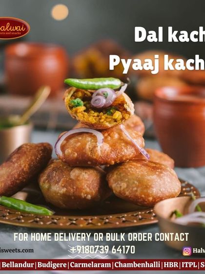 A tempting stack of my Dal Kachori and Pyaaj Kachori, served hot and crispy with green chutney.