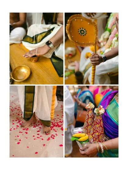 Details from a traditional Kerala Hindu wedding. The images show the groom's attire, ceremonial items, and rituals, offering a glimpse into the rich cultural heritage of the event.