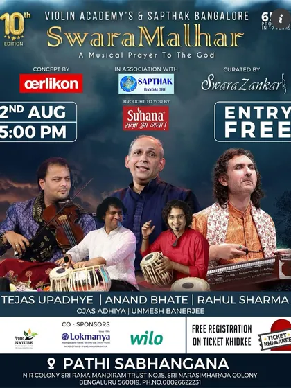 An event poster for 'SwaraMalhar' in Bengaluru, where I performed with the brilliant Tejas Upadhye bhai on the violin. The poster also features other stellar artists from the world of Indian classical music.