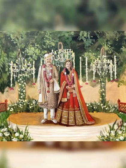 Here is the final artwork from a live wedding painting event in Gurugram. I love capturing the couple against the backdrop of their beautifully decorated venue.