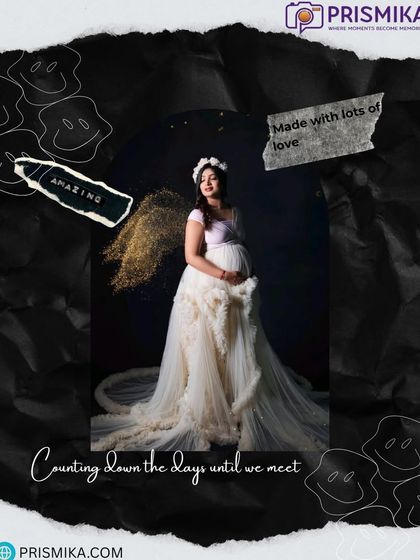 This portrait combines a dreamy, angelic theme with a modern scrapbook aesthetic. The mother-to-be is captured in a beautiful white gown with shimmering golden wings, representing a moment made with lots of love.