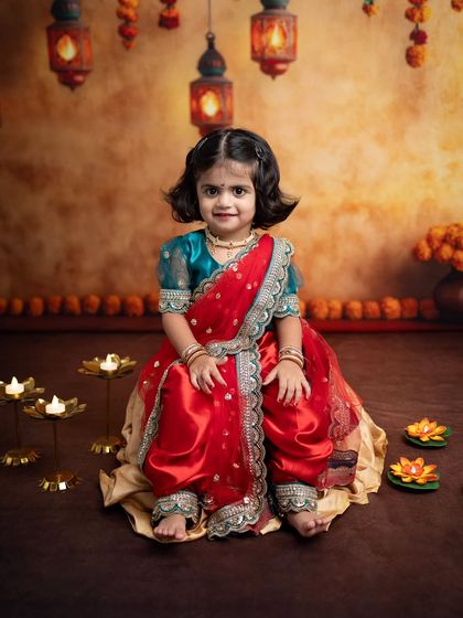 A full-length seated shot showing the entire Diwali setup, from the hanging lanterns to the lotus diyas on the floor.