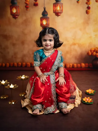 A full-length seated shot showing the entire Diwali setup, from the hanging lanterns to the lotus diyas on the floor.