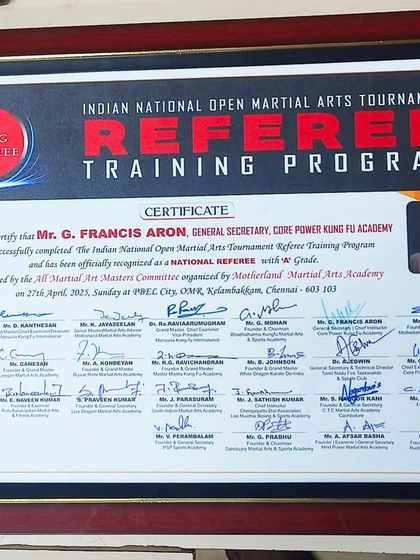 A closer look at the National Referee certificate, a proud achievement endorsed by the All Martial Arts Masters Committee.