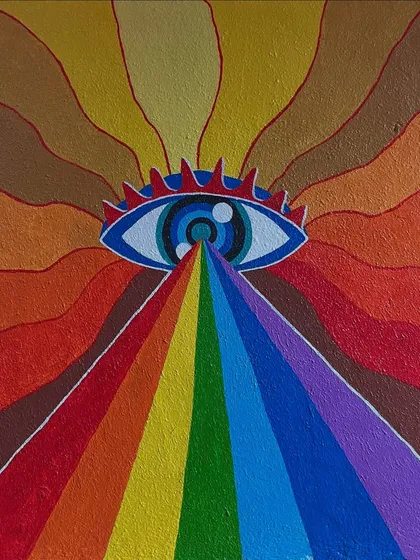 A close-up of a psychedelic eye mural, showcasing the bold colours and sharp lines of my trippy art style. This is a statement piece for anyone wanting a bold design.