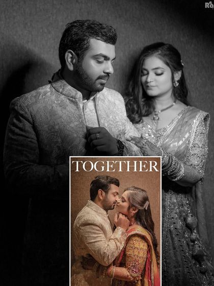 An artistic collage that blends a black and white portrait with a smaller, colored image of the couple sharing a kiss, creating a beautiful contrast.