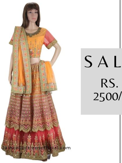 A beautiful multi-layered orange and red lehenga, perfect for festive occasions, is now on sale for Rs. 2500.