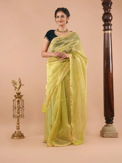 A sheer lime-yellow organza saree with a simple gold border. This saree is incredibly lightweight and has a beautiful, crisp drape, perfect for a modern, minimalist look.