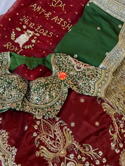 I love when brides include personal touches. For this bride, we embroidered her and her groom's names, the wedding date, and a sweet illustration of their dog, Roy, onto her bridal shawl, making it uniquely theirs.