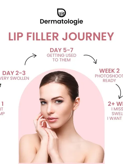 This graphic illustrates the typical emotional and physical journey after getting lip fillers. From initial swelling to the final, settled result, I guide my patients through every stage.