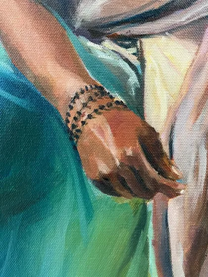 Another detail from 'Adhyaẏana'. Here you can see the careful rendering of the hand and the rudraksha bracelet, along with the soft folds of the green and beige fabric, all painted with oil on canvas.