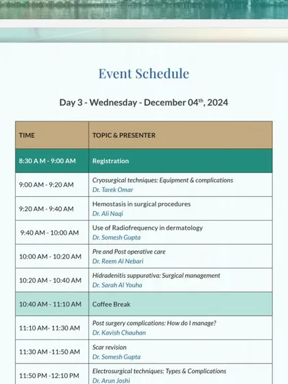 The event schedule for Day 3 of the Kuwait workshop, where I presented on managing post-surgery complications.