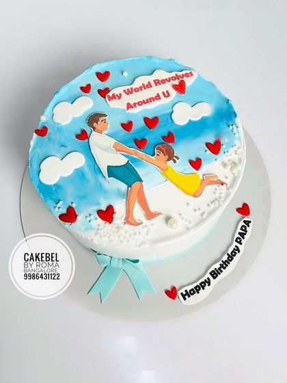 "My World Revolves Around U." A touching cake from a daughter to her papa, this design shows them spinning in a sky full of clouds and hearts.