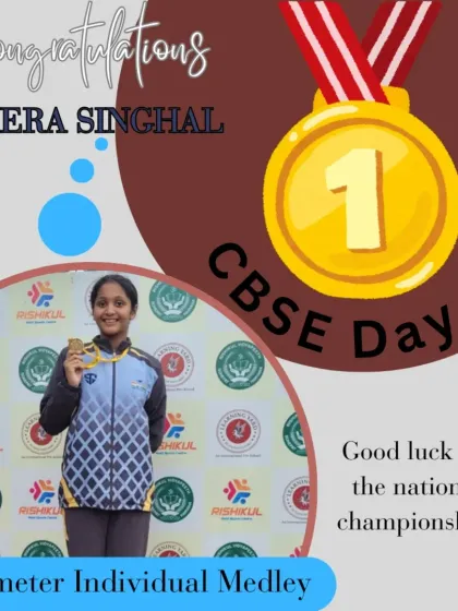 Amiera Singhal celebrates her gold medal in the 200-meter Individual Medley on Day 1 of the CBSE North Zone competition.