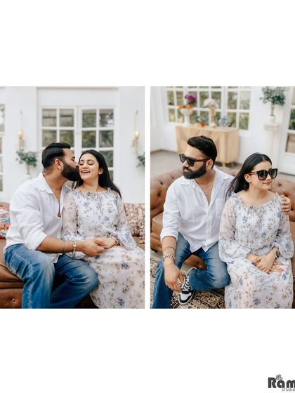 A sweet diptych of a couple sharing a tender kiss on the cheek and a relaxed moment on a leather sofa. This showcases the comfortable and affectionate side of their relationship.