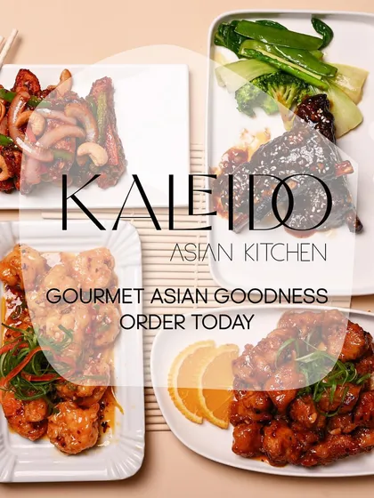 A collage of our gourmet Asian dishes, plated and ready to serve. This image represents the variety and quality you can expect when you order from Kaleido for any occasion.