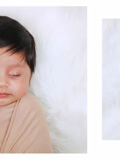 A collage showing the sweet details of a newborn photoshoot, from a close-up of the baby's face to a full-body shot in a swaddle with a tiny tiara.