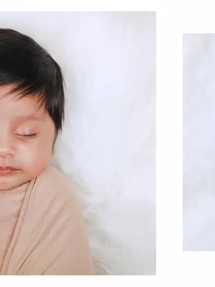A collage showing two classic poses: a close-up of the baby's face and a full-body shot of them swaddled with a tiara.