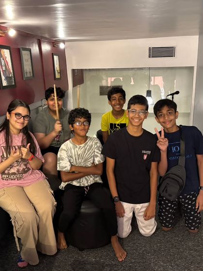 A group photo of the happy students from our power packed, five day drum summer camp. It was an intense and educational week of non stop rhythm.