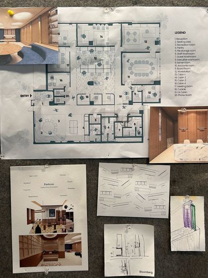 A pin-up board in our studio displaying the complete design package for an office project. This includes the final floor plan, inspirational renders, and detailed sketches, showing the evolution of the concept.
