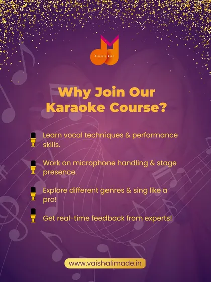 Why join our Karaoke Course? This graphic lists the key benefits: learning vocal and performance skills, working on mic handling, exploring genres, and getting real-time feedback from experts.