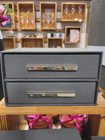 To be inspired is a gift. Our Colton Grey House collection features minimal and elegant stationery for your home and office, like this two-drawer organizer etched with the word 'Inspire'.