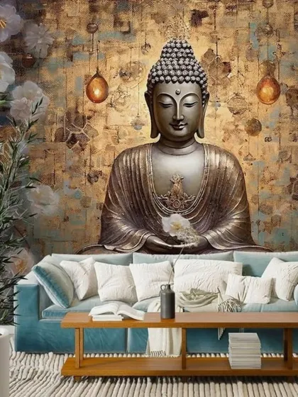 This luxurious wallpaper features a golden Buddha statue against a textured, antique-gold background with floral details, creating a rich and spiritual ambiance.