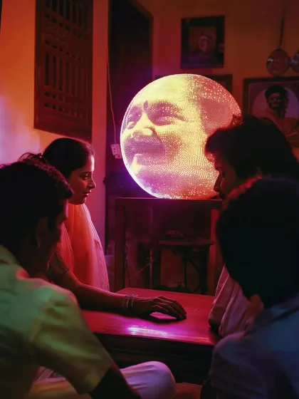 A family gathered around a 'Chakraview', a fictional piece of forgotten Indian tech. I love creating these objects that hint at an alternate technological history.