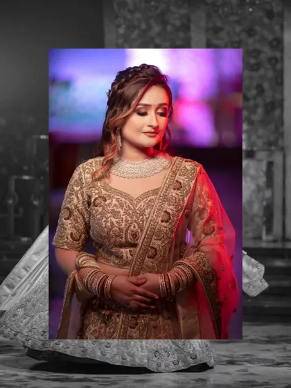 An artistic portrait of Shivani, with a color photo layered over a monochrome background, creating a unique and modern look.