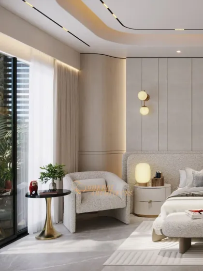 A cozy reading corner by the window, featuring a plush armchair and a sleek side table. The curved lines of the furniture and ceiling create a gentle, flowing aesthetic.