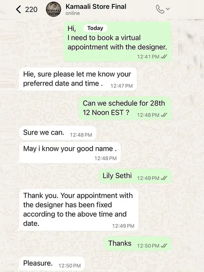 A screenshot showing how simple it is to book a virtual appointment with me. Personalised styling and cross-continental charm are just a message away.
