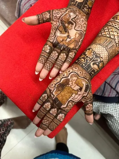 Mehendi for every occasion. I had the joy of creating this special design for my best friend's son's Mundan ceremony, featuring portraits of her beautiful family.