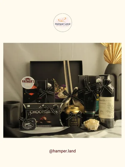 Another elegant option for Father's Day, this all-black themed hamper is filled with dark chocolates, grooming essentials, and a 'Father's Love' tag. The monochrome look is modern and stylish.