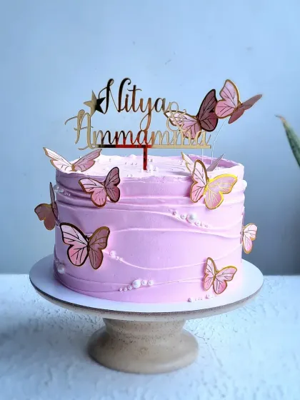 A full view of the lavender whipping cream cake.