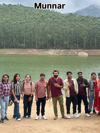 A group photo from our Munnar trip, taken by the lake. These trips are perfect for a relaxed weekend with friends.