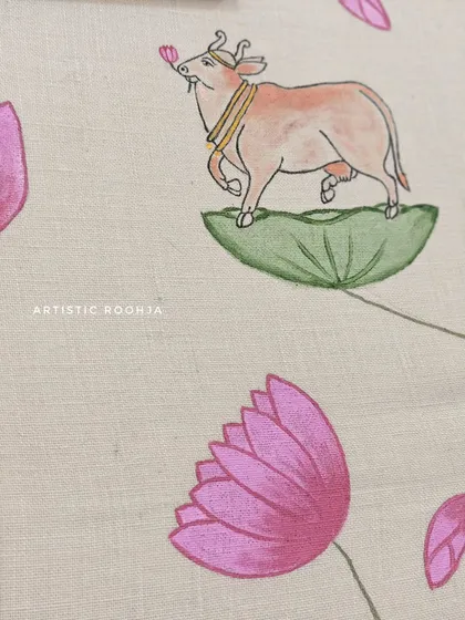 A close-up detail of the cow from the Pichwai mural, showcasing the delicate shading and line work.