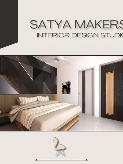 A modern bedroom concept with a geometric, dark-paneled feature wall.