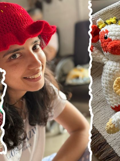 This collage showcases some of our favorite hat and toy creations. You can see the vibrant red strawberry hat and a glimpse of our adorable amigurumi cow toy.