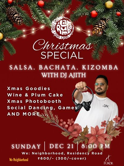 This version of our Christmas Ball poster puts the spotlight on DJ Ajith, who keeps the floor moving with the best of Salsa, Bachata, and Kizomba all night long.