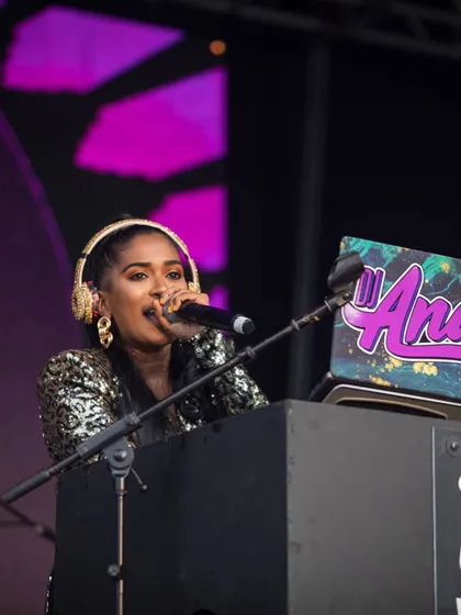 The incredible DJ Ana, a Chutney Soca mainstay, at the decks. My Basement Bhangra Bacchanal event was a fusion of Punjabi and Caribbean sounds, reflecting the diverse culture of Queens.