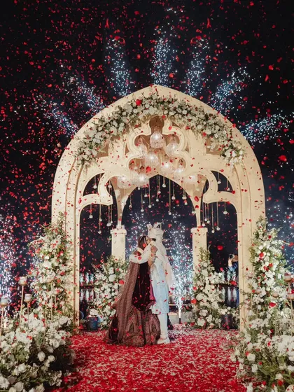 A truly magical varmala ceremony set upon a custom built stage over the serene lagoon at Zuri Kumarakom. The moment was illuminated by a cascade of fireworks and a shower of petals, creating an unforgettable memory for the couple and their guests.