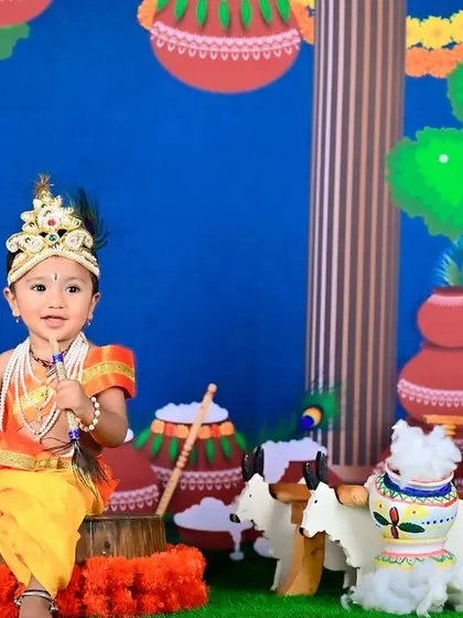 Celebrating our culture and traditions is a beautiful way to mark a milestone. This little one is dressed as Krishna for his first birthday, and the vibrant setup brings the story to life. I offer a variety of cultural and festive themes for your photoshoots.