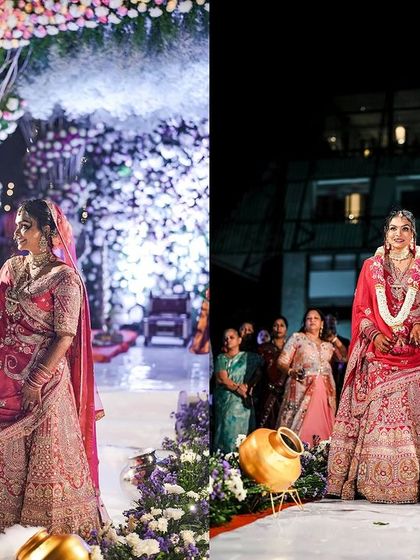 A collage of the grand jaimala ceremony, with dramatic smoke and a stunning floral tree backdrop creating a truly magical atmosphere.