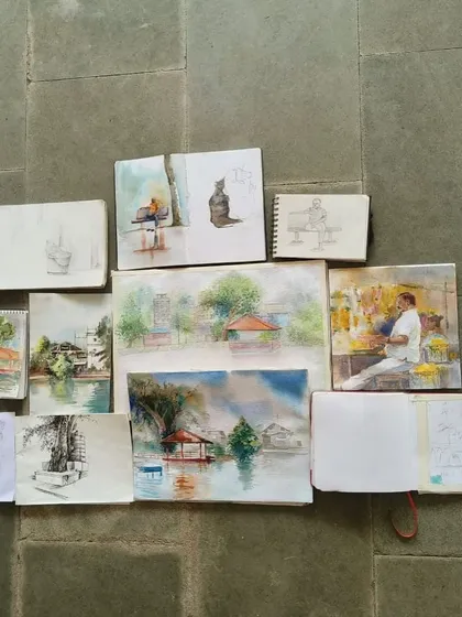 A collection of sketches from a peaceful day of painting with my urban sketchers group. The page features various scenes, including landscapes and portraits.